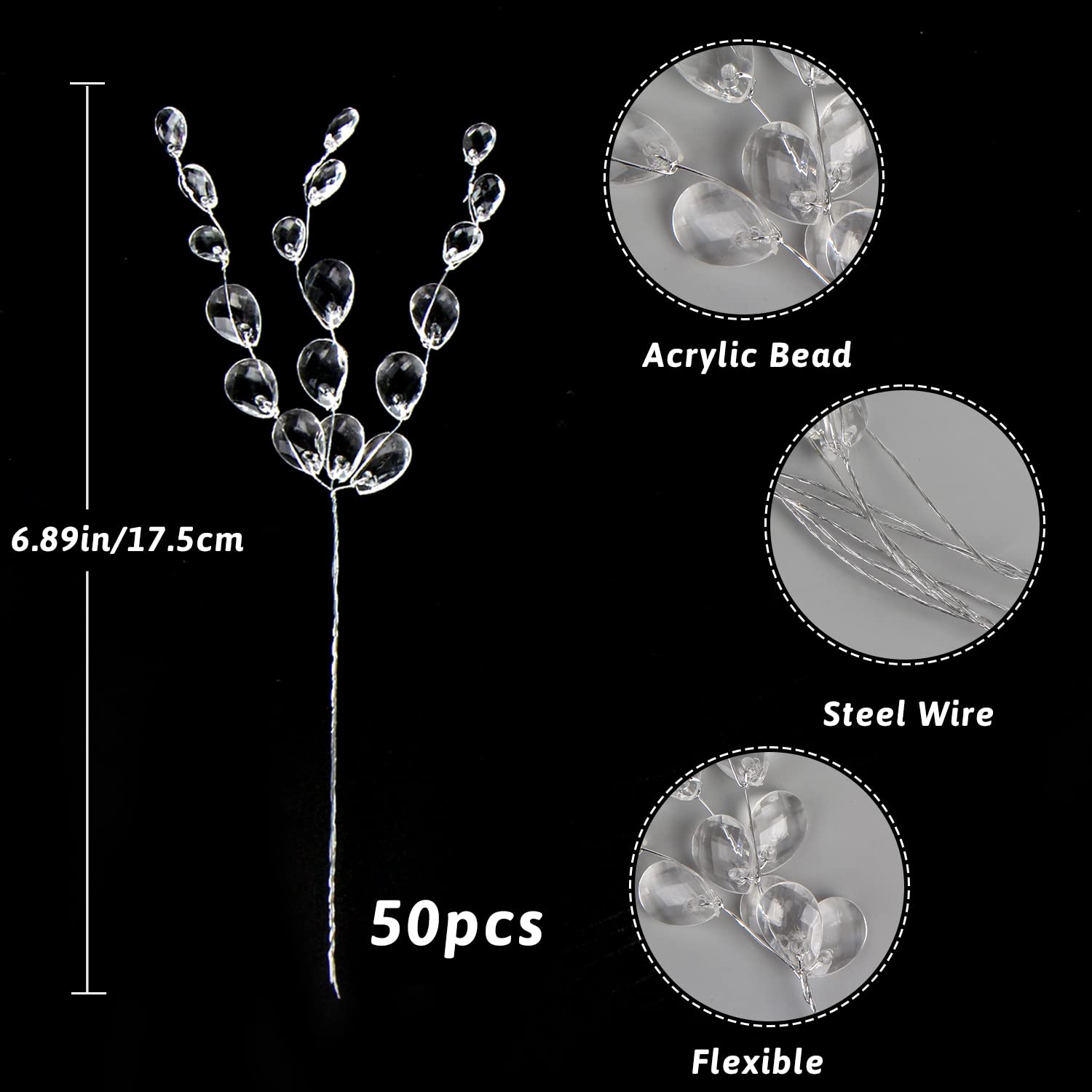 FOIMAS 50pcs Acrylic Bead Drop Stems Flower Bouquet Crystal Bud Branches Flower Twig Pick for Wedding Home Decoration Floral Decor Craft Supply