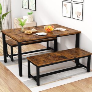 awqm dining room table set, kitchen table set with 2 benches, ideal for home, kitchen and dining room, breakfast table of 47.2x28.7x28.7 inches, benches of 40.5x11.0x17.7 inches, rustic brown