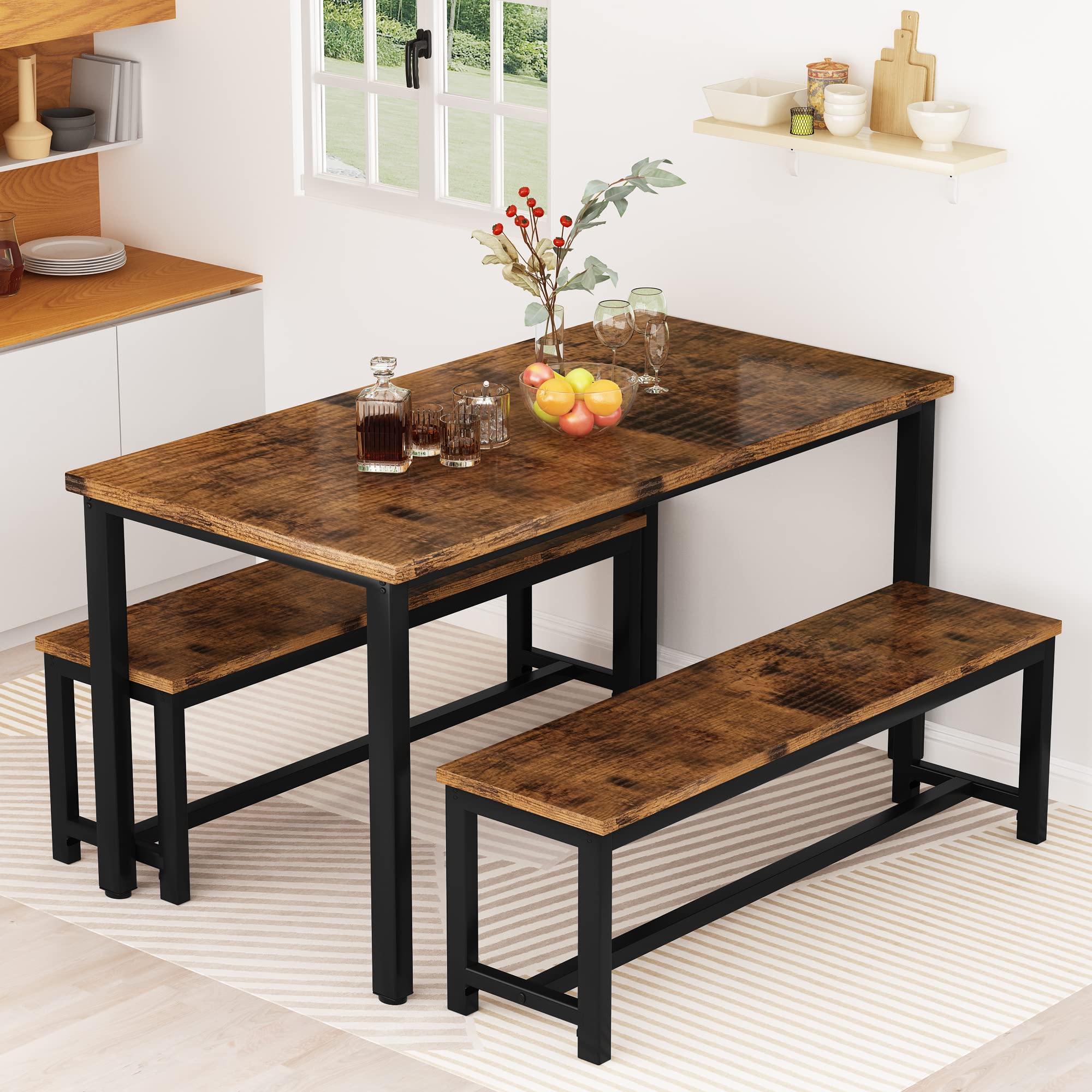 AWQM Dining Room Table Set, Kitchen Table Set with 2 Benches, Ideal for Home, Kitchen and Dining Room, Breakfast Table of 47.2x28.7x28.7 inches, Benches of 40.5x11.0x17.7 inches, Rustic Brown