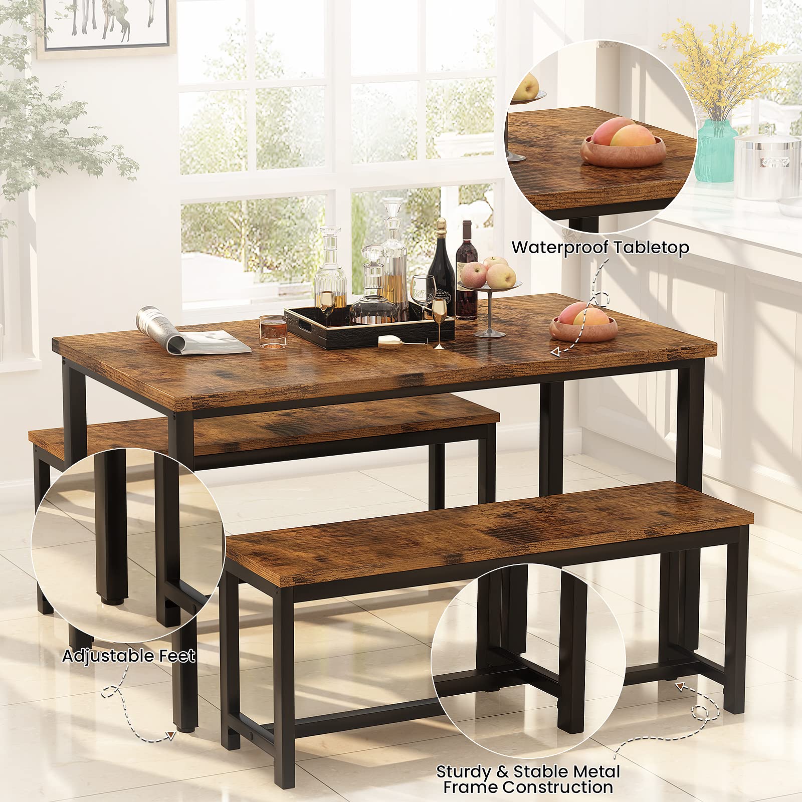 AWQM Dining Room Table Set, Kitchen Table Set with 2 Benches, Ideal for Home, Kitchen and Dining Room, Breakfast Table of 47.2x28.7x28.7 inches, Benches of 40.5x11.0x17.7 inches, Rustic Brown