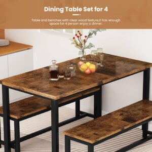 AWQM Dining Room Table Set, Kitchen Table Set with 2 Benches, Ideal for Home, Kitchen and Dining Room, Breakfast Table of 47.2x28.7x28.7 inches, Benches of 40.5x11.0x17.7 inches, Rustic Brown