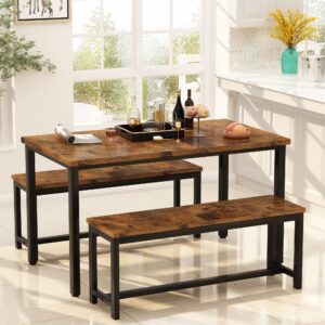 AWQM Dining Room Table Set, Kitchen Table Set with 2 Benches, Ideal for Home, Kitchen and Dining Room, Breakfast Table of 47.2x28.7x28.7 inches, Benches of 40.5x11.0x17.7 inches, Rustic Brown