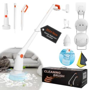 zeutch electric spin scrubber, 2024 upgraded cordless cleaning brush with extension arm, 4 replaceable cleaning heads and heads holder, 74w dual speeds power scrubber for tub, grout, floor, bathroom