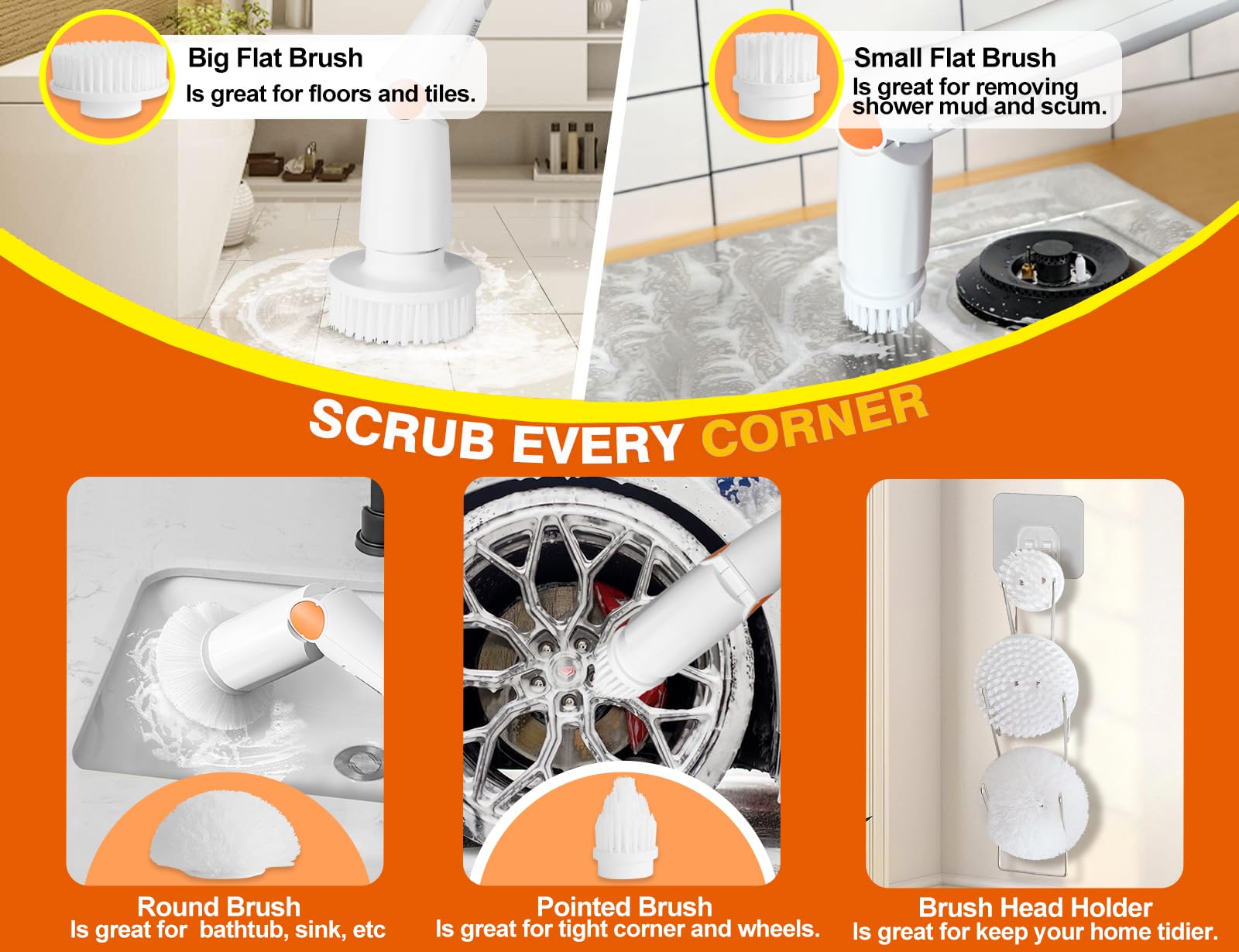 Zeutch Electric Spin Scrubber, 2024 Upgraded Cordless Cleaning Brush with Extension Arm, 4 Replaceable Cleaning Heads and Heads Holder, 74W Dual Speeds Power Scrubber for Tub, Grout, Floor, Bathroom