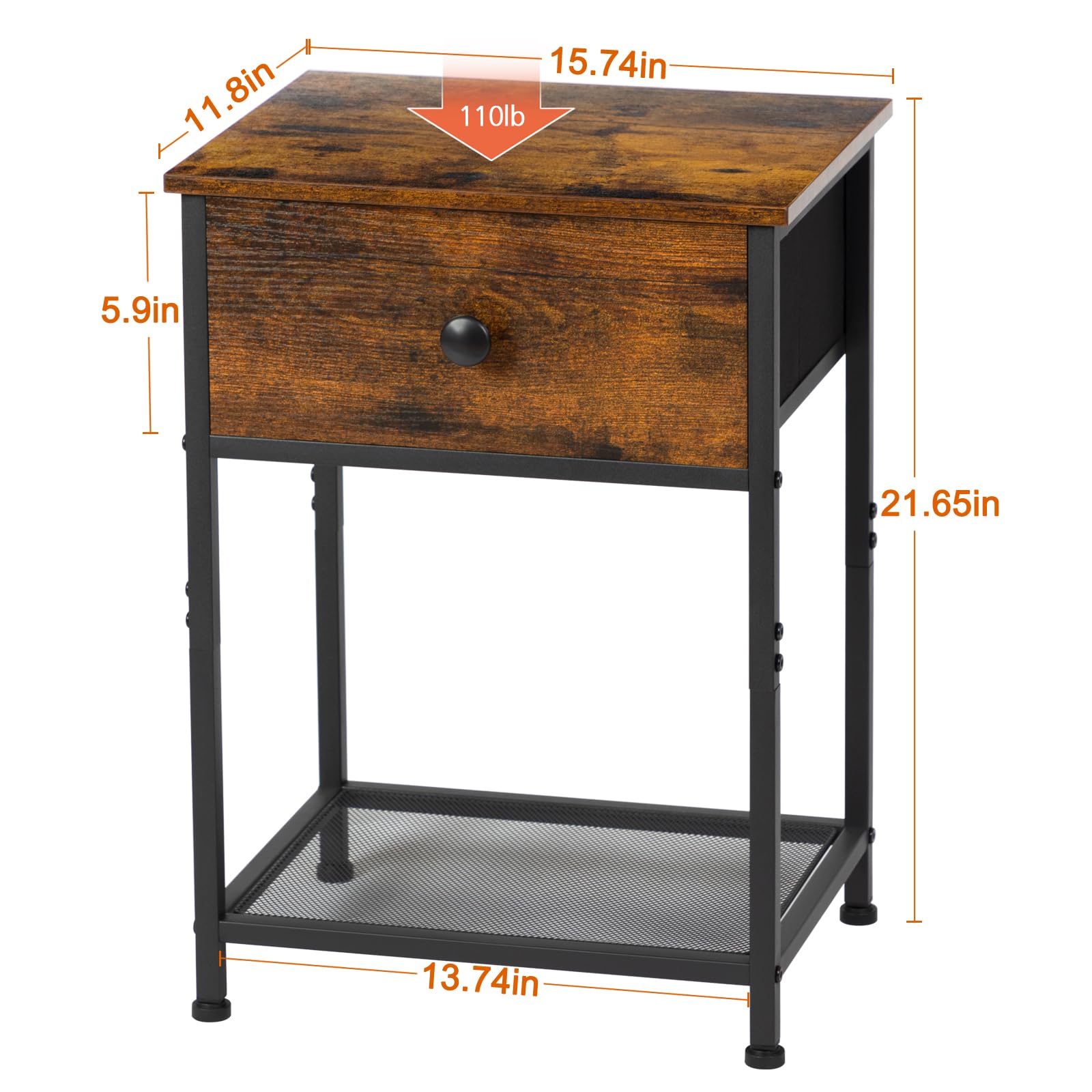 AMHANCIBLE Night Stand Set 2, Nightstand with Fabric Drawer, Industrial End Tables Living Room with Storage Shelf, Slim Bedside Table for Bedroom, Small Spaces, Rusic Brown, HET03SDBR