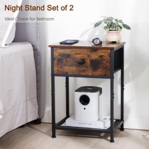 AMHANCIBLE Night Stand Set 2, Nightstand with Fabric Drawer, Industrial End Tables Living Room with Storage Shelf, Slim Bedside Table for Bedroom, Small Spaces, Rusic Brown, HET03SDBR