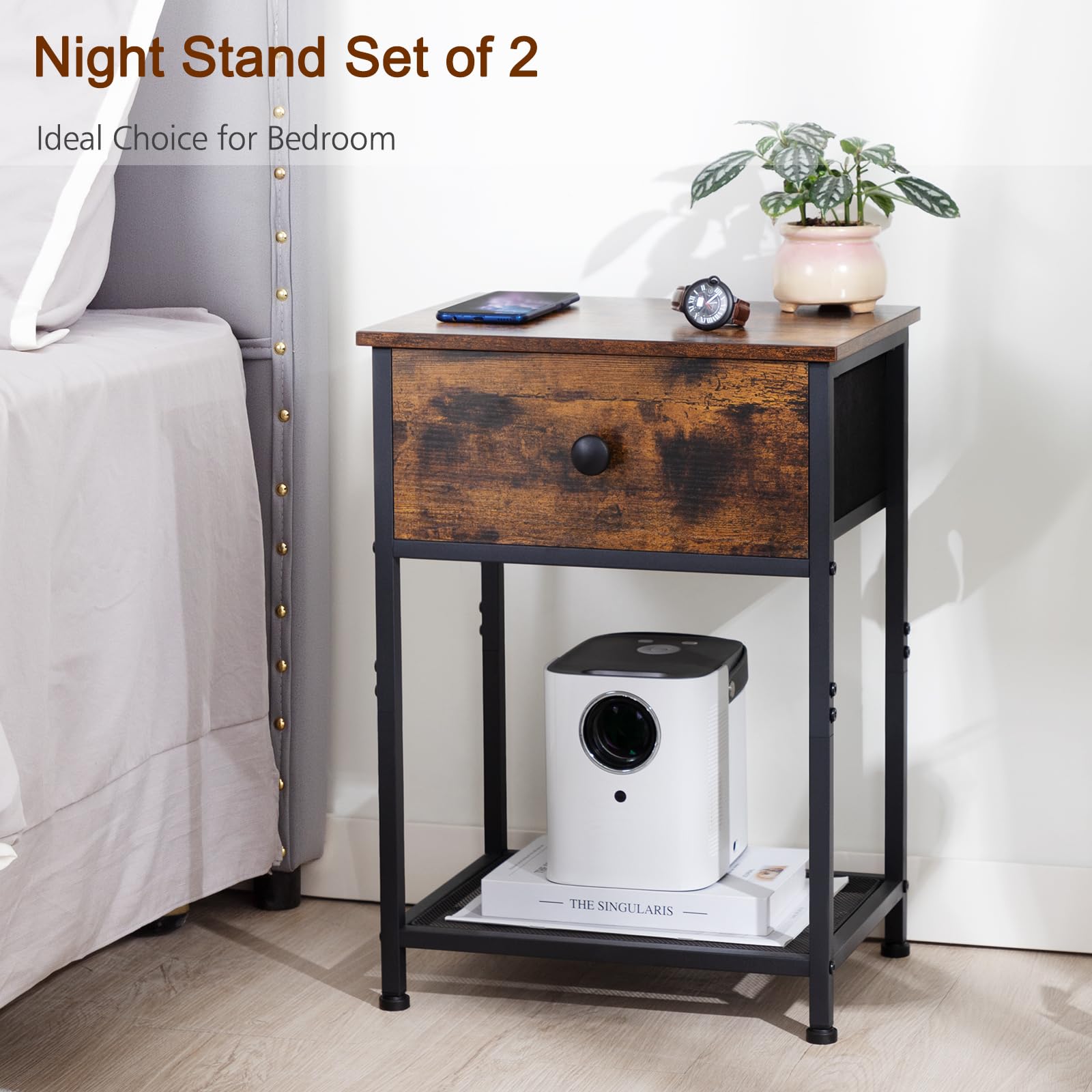 AMHANCIBLE Night Stand Set 2, Nightstand with Fabric Drawer, Industrial End Tables Living Room with Storage Shelf, Slim Bedside Table for Bedroom, Small Spaces, Rusic Brown, HET03SDBR