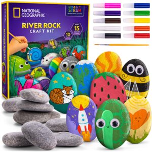 national geographic rock painting kit - arts and crafts kit for kids, paint & decorate 15 river rocks with 10 paint colors & more art supplies, outdoor toys for girls and boys (amazon exclusive)