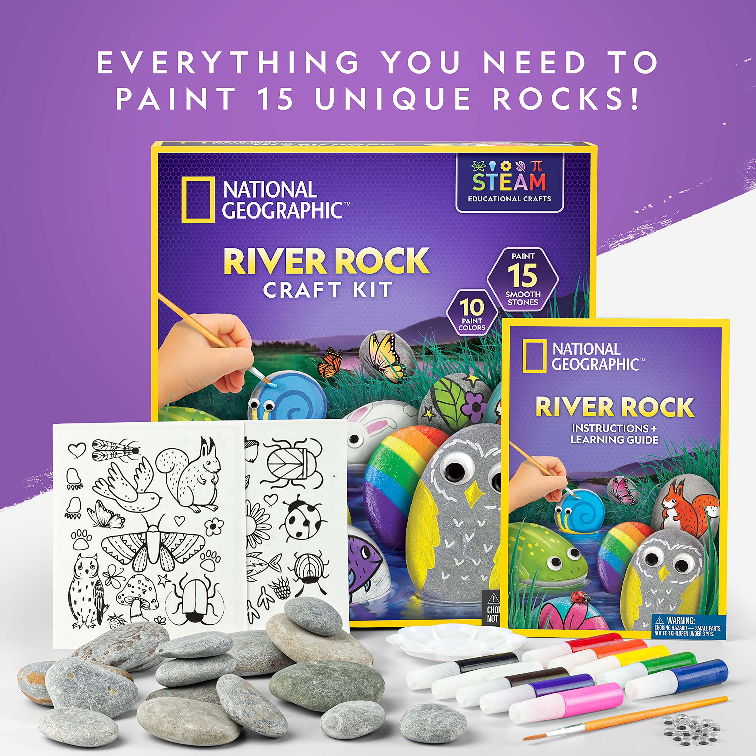 NATIONAL GEOGRAPHIC Rock Painting Kit - Arts and Crafts Kit for Kids, Paint & Decorate 15 River Rocks with 10 Paint Colors & More Art Supplies, Outdoor Toys for Girls and Boys (Amazon Exclusive)