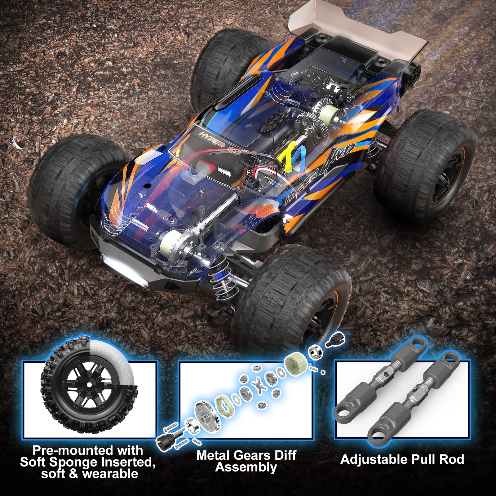 HYPER GO H16DR 1:16 Scale Ready to Run Fast Remote Control Car, High Speed Jump RC Monster Truck, Off Road RC Cars, 4WD All Terrain RTR RC Truck with 2 LiPo Batteries for Boys and Adults