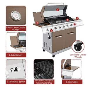 Royal Gourmet GA6402C 6-Burner Propane Gas Grill with Sear Burner and Side Burner, 74,000 BTU, Cabinet Style Outdoor BBQ Grill for Barbecue Grilling and Backyard Cooking, Coffee