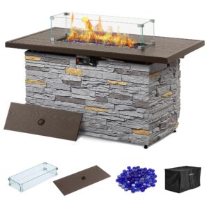 pizzello 43" propane fire pit table outdoor rectangular stone firepit table 50000 btu propane fire tables for outside patio with glass wind guard, lid, fire glass beads, pizzello caldo (gray stone)