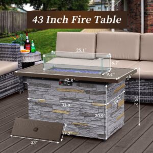 PIZZELLO 43" Propane Fire Pit Table Outdoor Rectangular Stone Firepit Table 50000 Btu Propane Fire Tables for Outside Patio with Glass Wind Guard, Lid, Fire Glass Beads, Pizzello Caldo (Gray Stone)