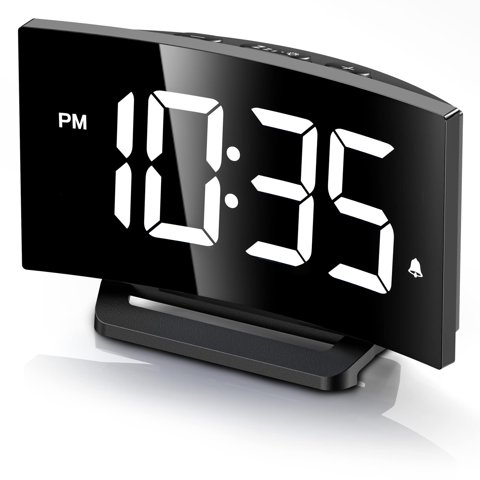 GOLOZA Digital Alarm Clock for Bedroom, Digital Clock with Modern Curved Design, Conspicuous White LED Numbers, 5 Levels Brightness+Off, 2 Volume, 3 Alarm Tones, Snooze,Power-Off Memory,12/24H