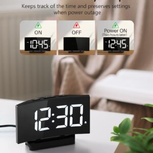 GOLOZA Digital Alarm Clock for Bedroom, Digital Clock with Modern Curved Design, Conspicuous White LED Numbers, 5 Levels Brightness+Off, 2 Volume, 3 Alarm Tones, Snooze,Power-Off Memory,12/24H