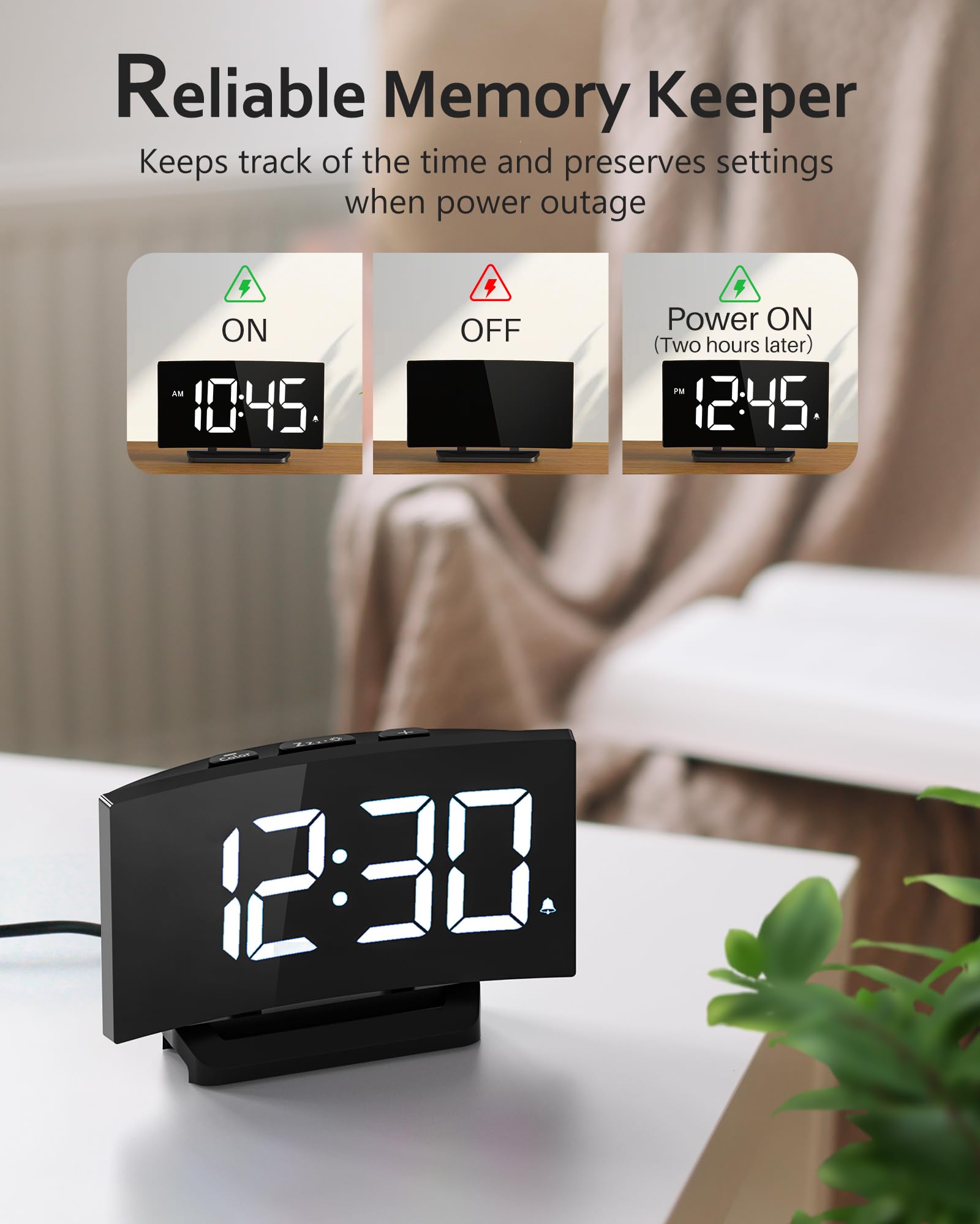 GOLOZA Digital Alarm Clock for Bedroom, Digital Clock with Modern Curved Design, Conspicuous White LED Numbers, 5 Levels Brightness+Off, 2 Volume, 3 Alarm Tones, Snooze,Power-Off Memory,12/24H