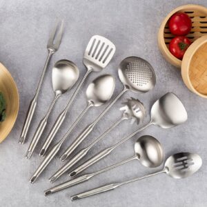 304 Stainless Steel Kitchen Utensils Set, Standcn 9 PCS Metal Cooking Tools Set with Meat Fork, Solid Spoon, Slotted Spoon, Spatula, Ladle, Skimmer, Slotted Spatula, Spaghetti Server, Large Spoon