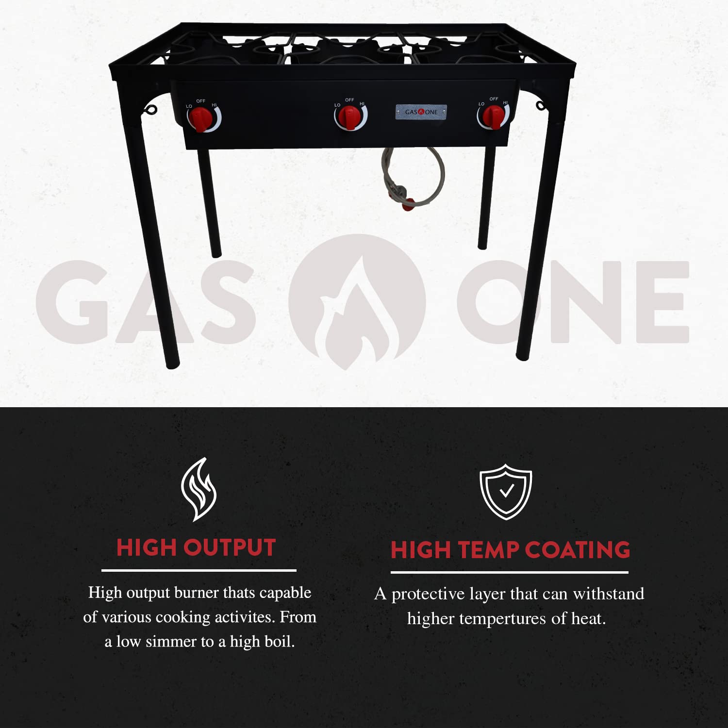 Gas One Outdoor Triple High pressure Burner with Stand Stove Propane Gas Cooker With Adjustable High Pressure Regulator and Hose, Black (B-6565)