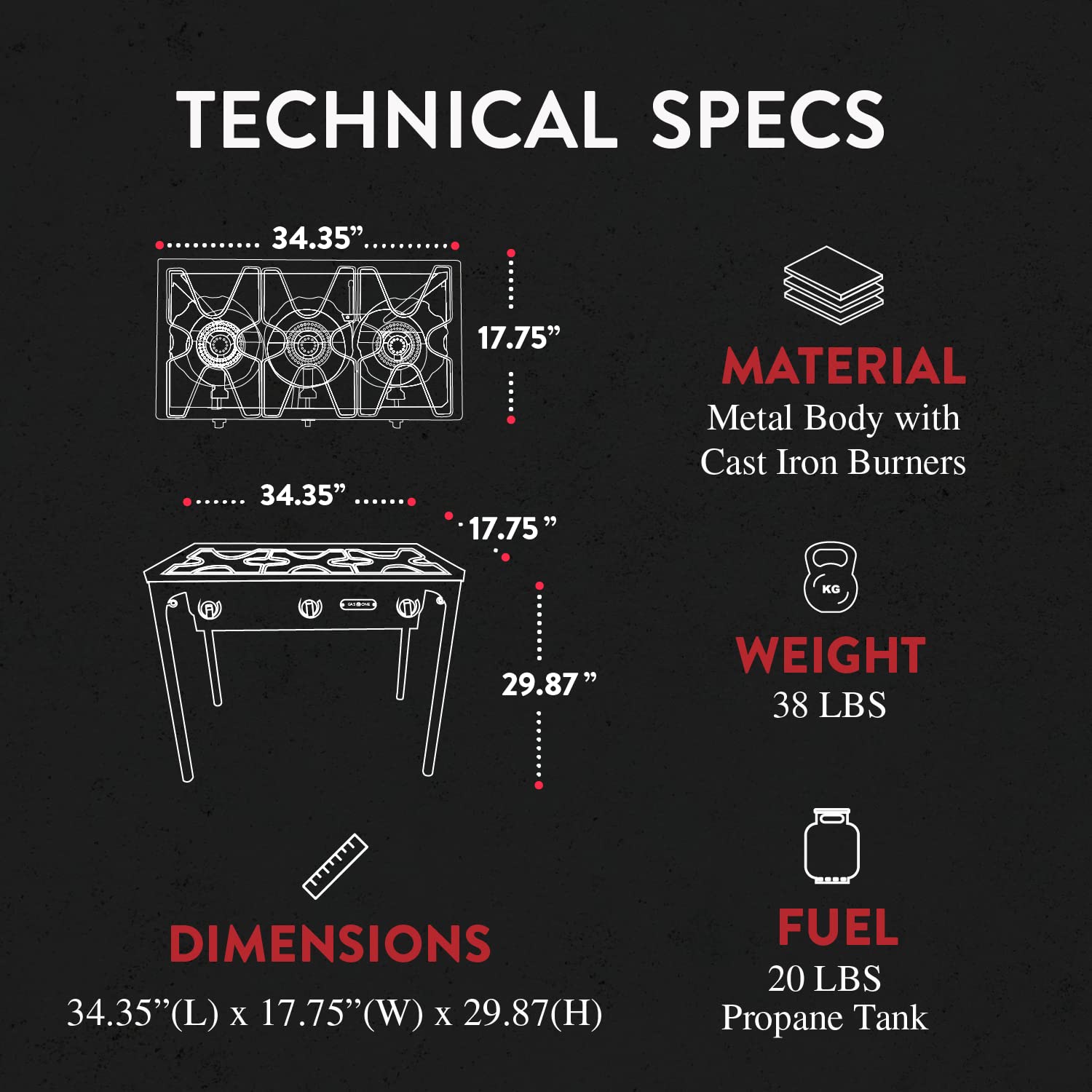 Gas One Outdoor Triple High pressure Burner with Stand Stove Propane Gas Cooker With Adjustable High Pressure Regulator and Hose, Black (B-6565)