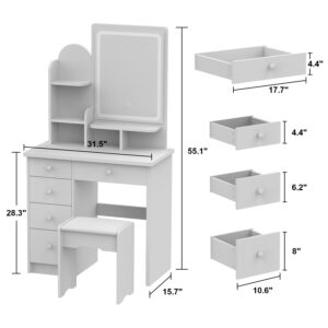 AIEGLE Vanity Desk Set with Lighted Rectangular Mirror, 3 Colors LED Lighted Makeup Vanity Drawer Dressing Table with Open Shelves & Cushioned Stool, Vanity Stool Set, White - Rectangular Mirror