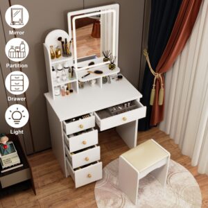 AIEGLE Vanity Desk Set with Lighted Rectangular Mirror, 3 Colors LED Lighted Makeup Vanity Drawer Dressing Table with Open Shelves & Cushioned Stool, Vanity Stool Set, White - Rectangular Mirror