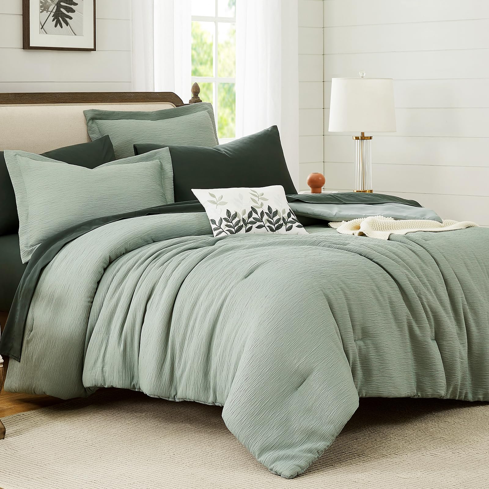 MaiRêve Sage Green Comforter King Size, King Size Comforter Set Crinkle Design, All Season Comfortable King Bedding Set 7 Pieces with Sheets, Comforter, Pillowcases & Shams (King, 102"x90")