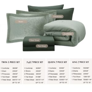 MaiRêve Sage Green Comforter King Size, King Size Comforter Set Crinkle Design, All Season Comfortable King Bedding Set 7 Pieces with Sheets, Comforter, Pillowcases & Shams (King, 102"x90")