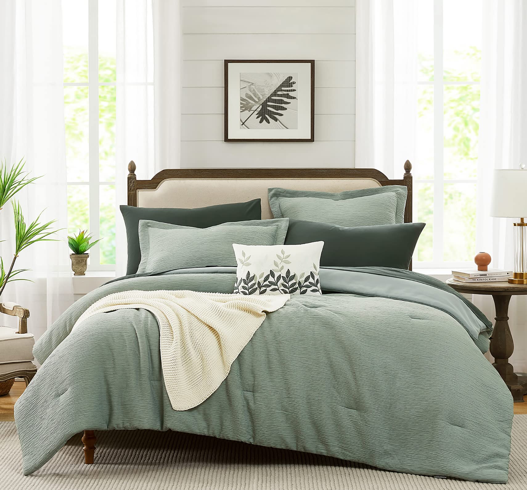 MaiRêve Sage Green Comforter King Size, King Size Comforter Set Crinkle Design, All Season Comfortable King Bedding Set 7 Pieces with Sheets, Comforter, Pillowcases & Shams (King, 102"x90")