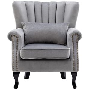 DM Furniture Mid Century Accent Chair Modern Tufted Wingback Armchairs Club Chair Velvet Single Sofa Lounge Chair with Pillow for Living Room, Grey