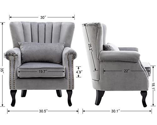 DM Furniture Mid Century Accent Chair Modern Tufted Wingback Armchairs Club Chair Velvet Single Sofa Lounge Chair with Pillow for Living Room, Grey