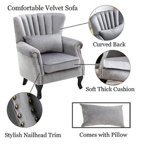 DM Furniture Mid Century Accent Chair Modern Tufted Wingback Armchairs Club Chair Velvet Single Sofa Lounge Chair with Pillow for Living Room, Grey