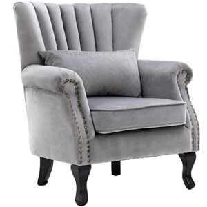 DM Furniture Mid Century Accent Chair Modern Tufted Wingback Armchairs Club Chair Velvet Single Sofa Lounge Chair with Pillow for Living Room, Grey