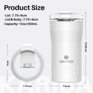 SANTECO Travel Coffee Mug 12 oz, Insulated Coffee Cups with Flip Lid, Stainless Steel Coffee Mugs Spill Proof, Double Wall Vacuum Tumblers, Reusable To Go Mug for Hot/Ice Coffee Tea - White