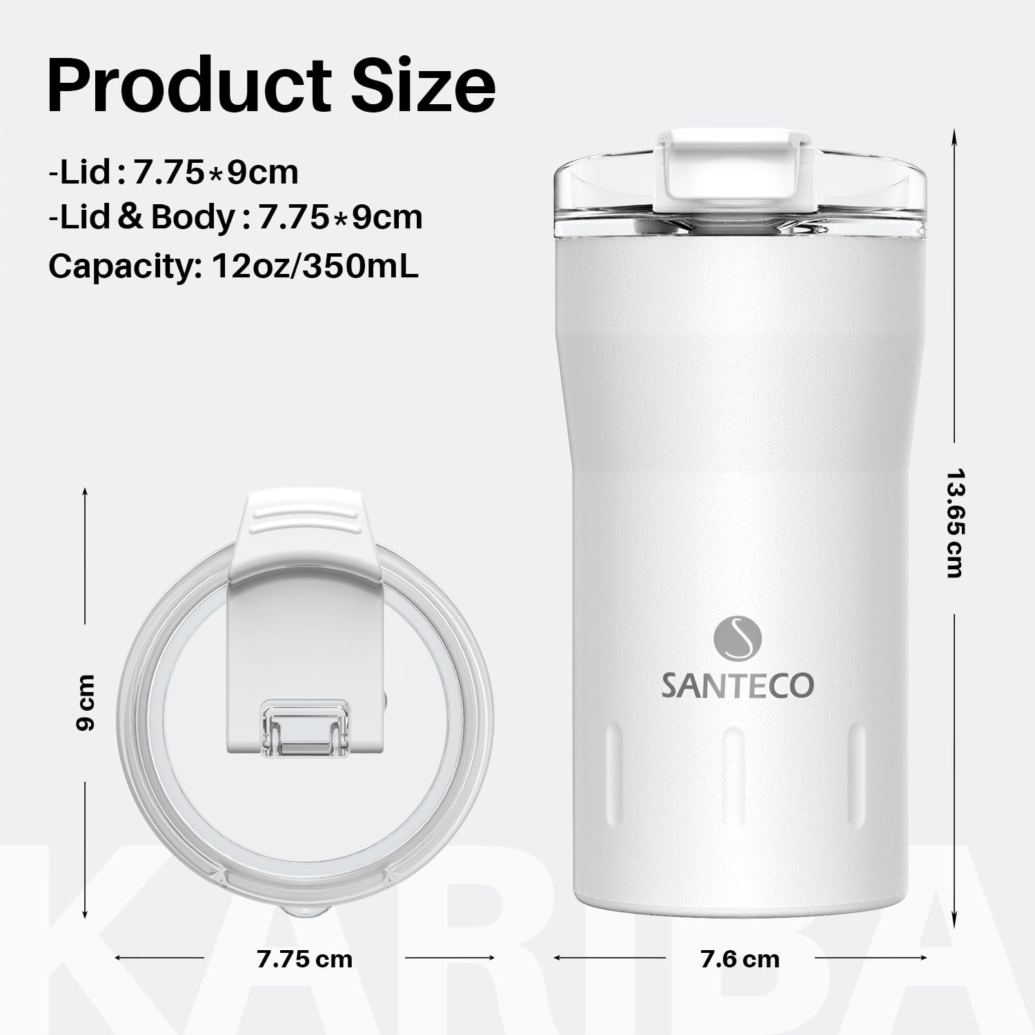 SANTECO Travel Coffee Mug 12 oz, Insulated Coffee Cups with Flip Lid, Stainless Steel Coffee Mugs Spill Proof, Double Wall Vacuum Tumblers, Reusable To Go Mug for Hot/Ice Coffee Tea - White