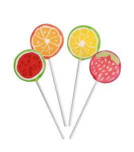 candy shop handmade assorted fruit flavored lollipops, fruity strawberry, orange, lemon, grape, and green apple suckers (7 oz)