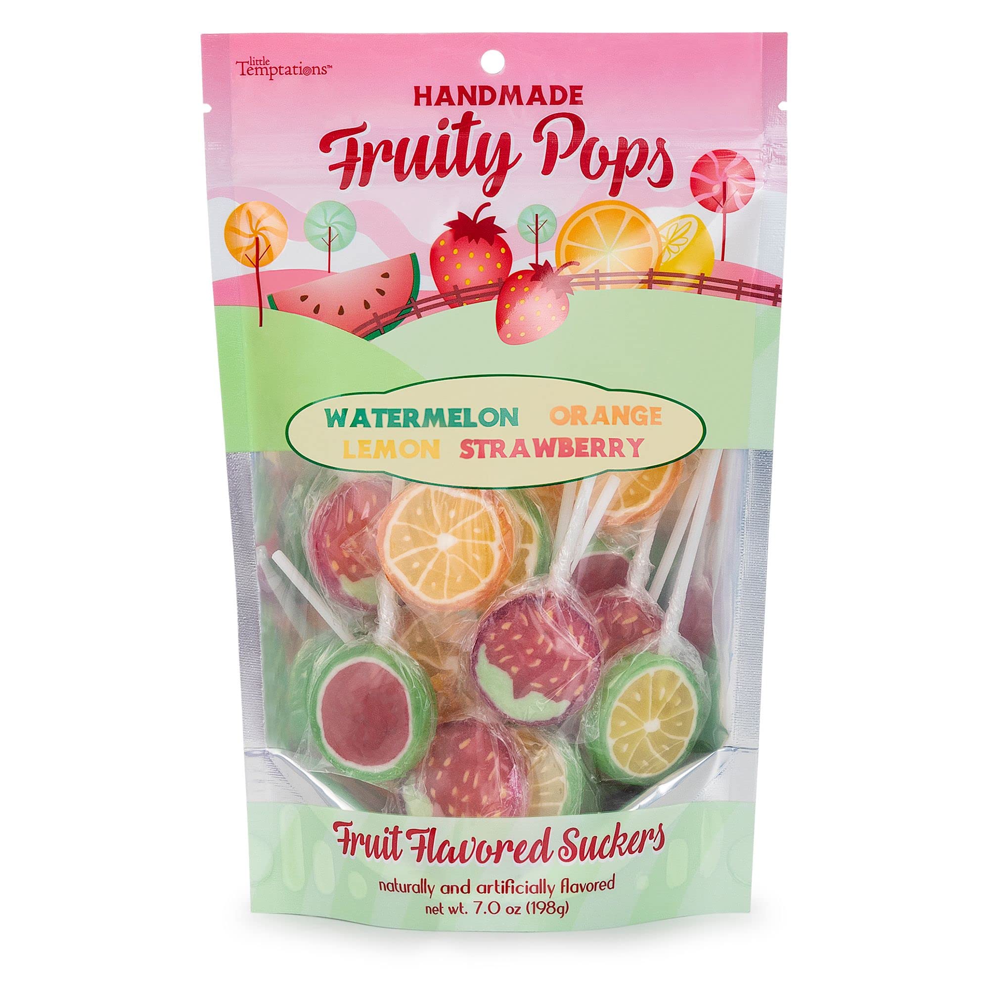 Candy Shop Handmade Assorted Fruit Flavored Lollipops, Fruity Strawberry, Orange, Lemon, Grape, and Green Apple Suckers (7 OZ)