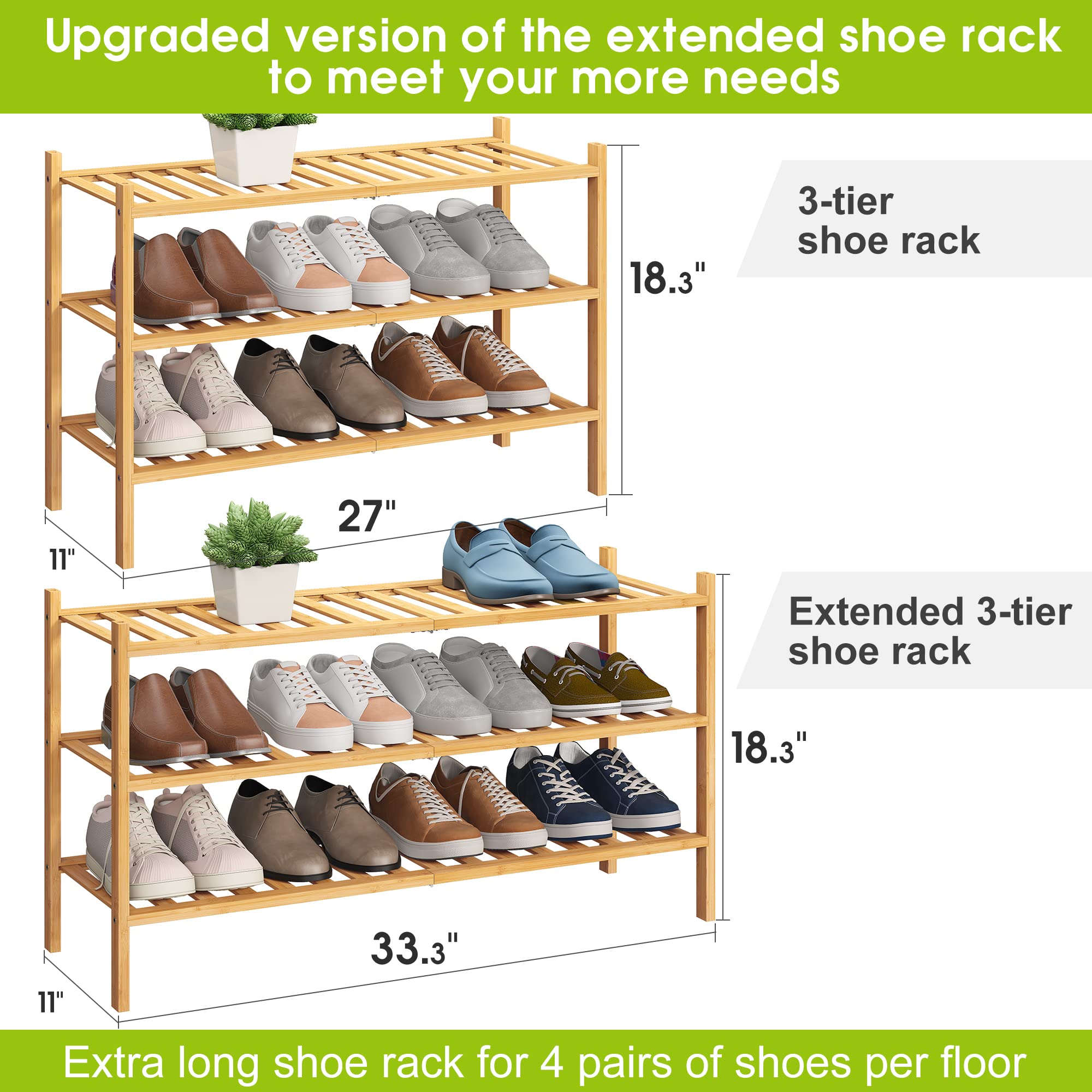 BMOSU 3-Tier Bamboo Extended Shoe Rack Premium Stackable Shoe Shelf Storage Organizer for Hallway Closet Living Room Entryway Organizer (Natural Bamboo)