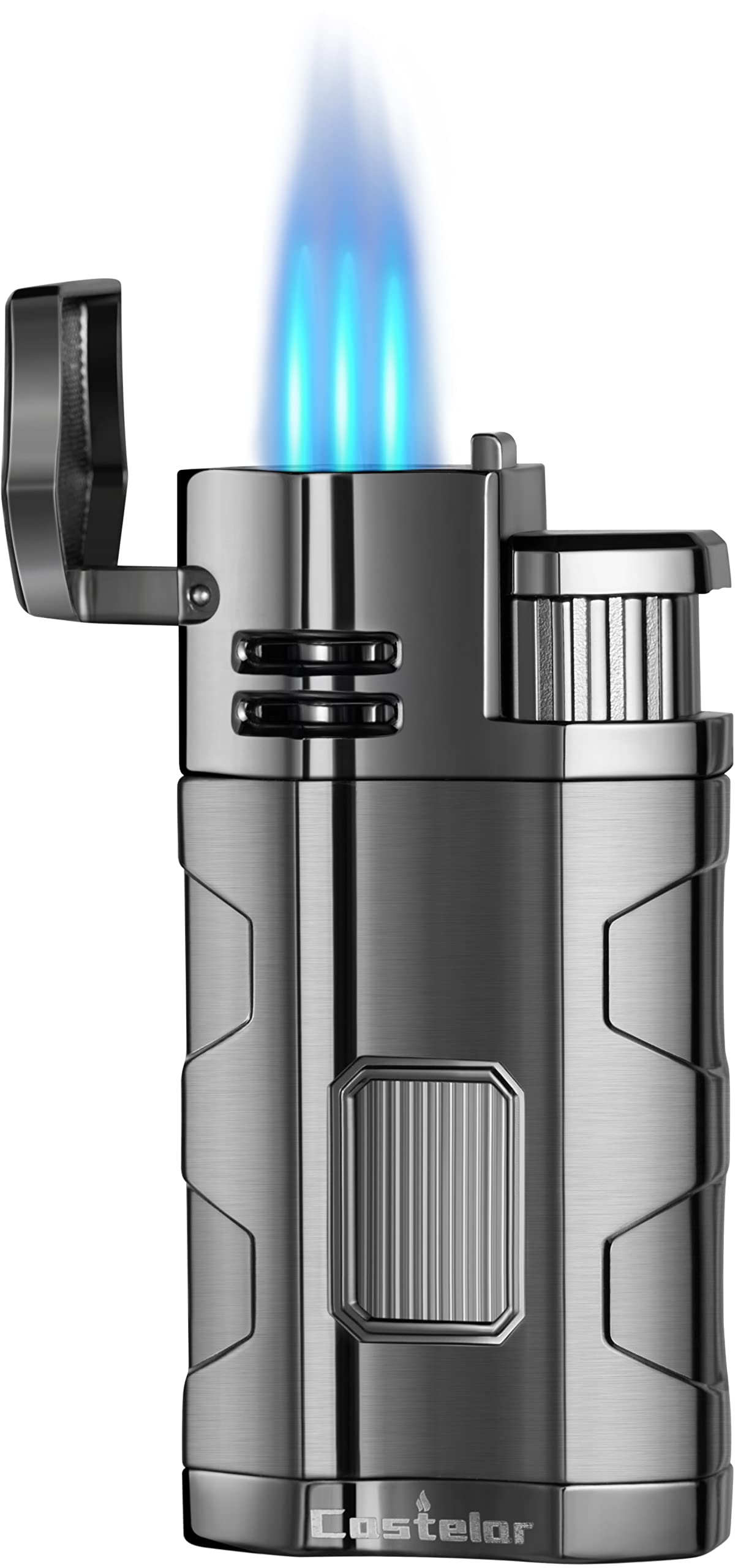 Castelar Cigar Torch Lighter Triple Jet Flame Butane Refillable with Cigar Punch Rest Holder - Butane Not Included