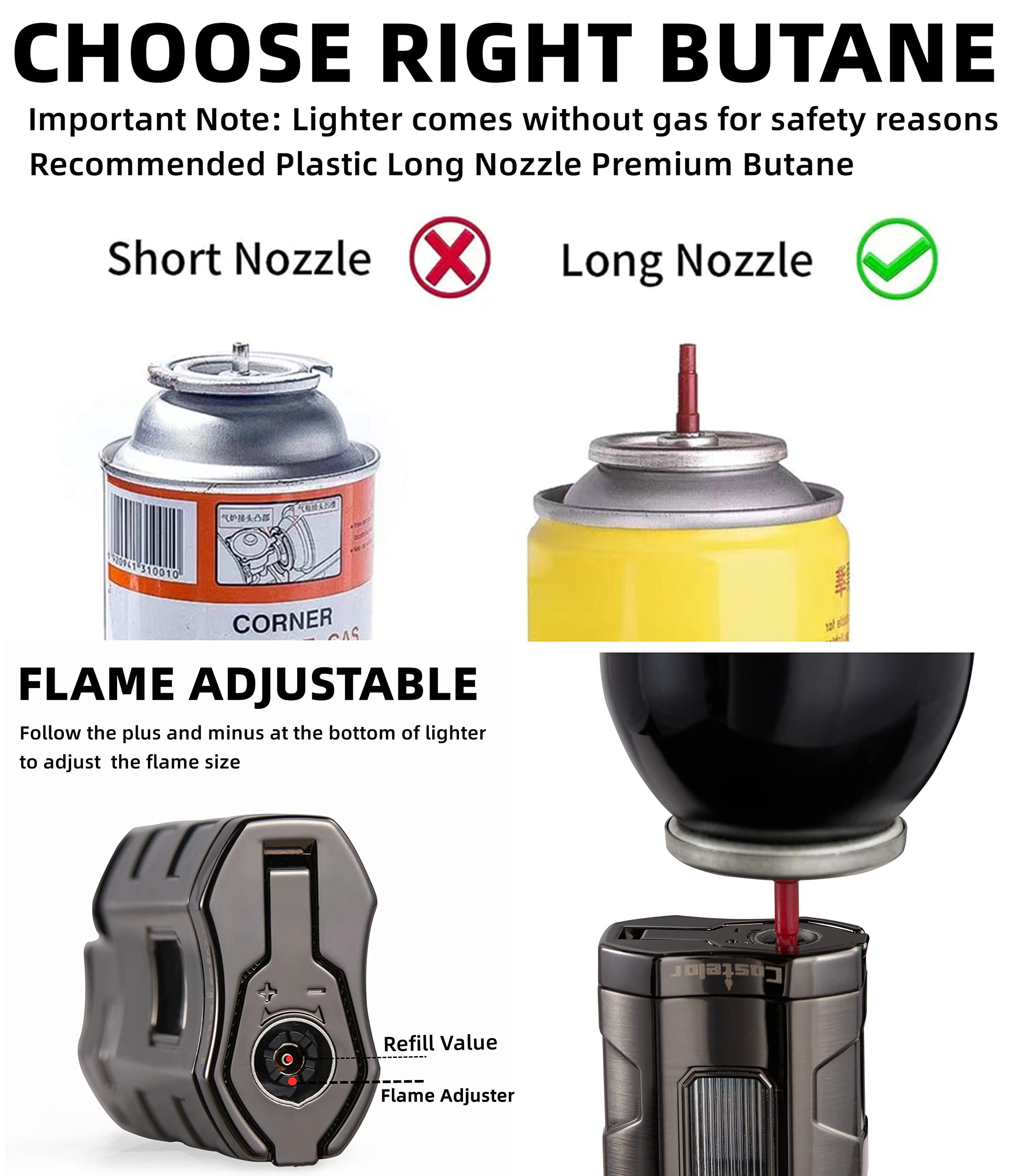 Castelar Cigar Torch Lighter Triple Jet Flame Butane Refillable with Cigar Punch Rest Holder - Butane Not Included