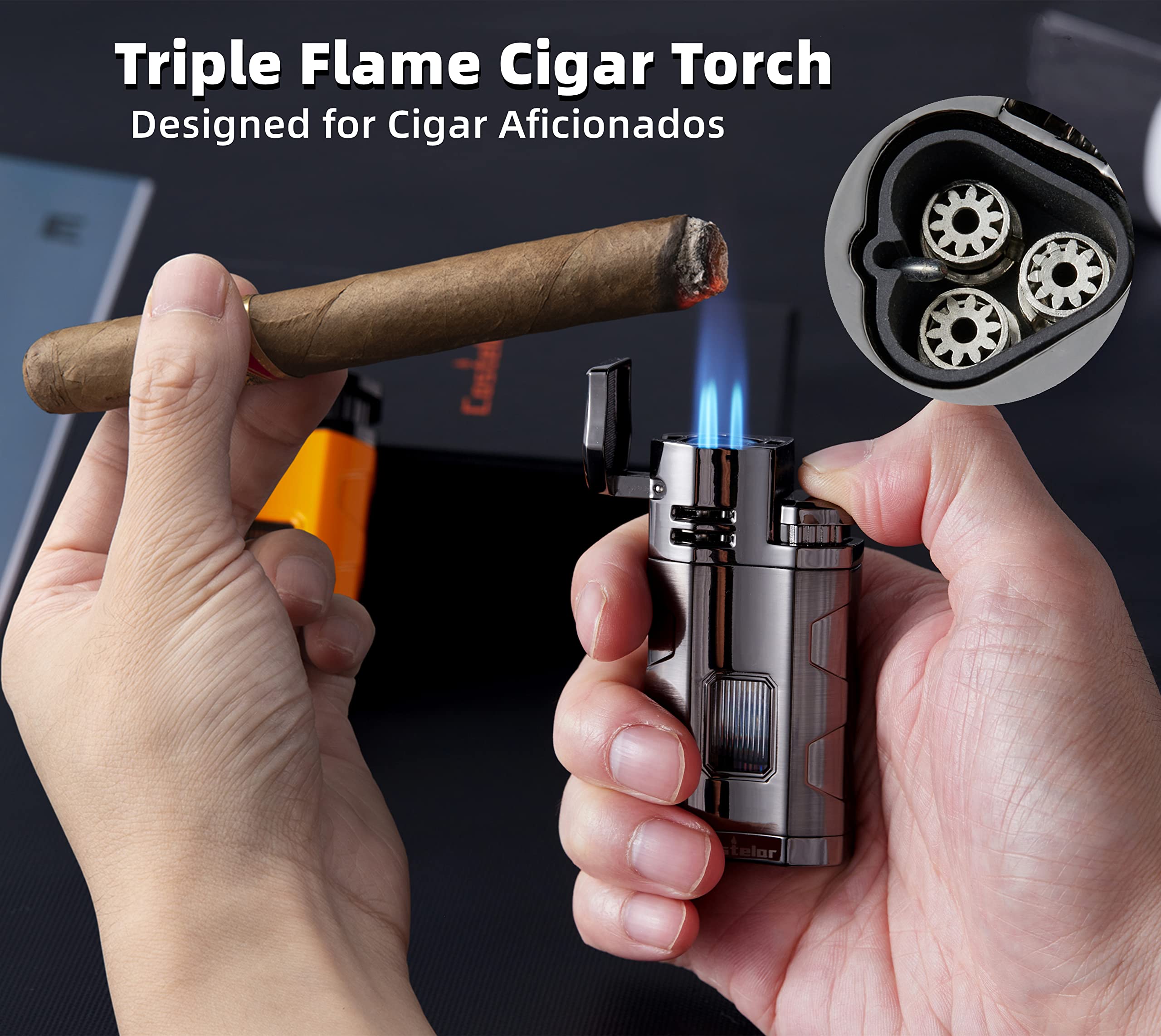 Castelar Cigar Torch Lighter Triple Jet Flame Butane Refillable with Cigar Punch Rest Holder - Butane Not Included