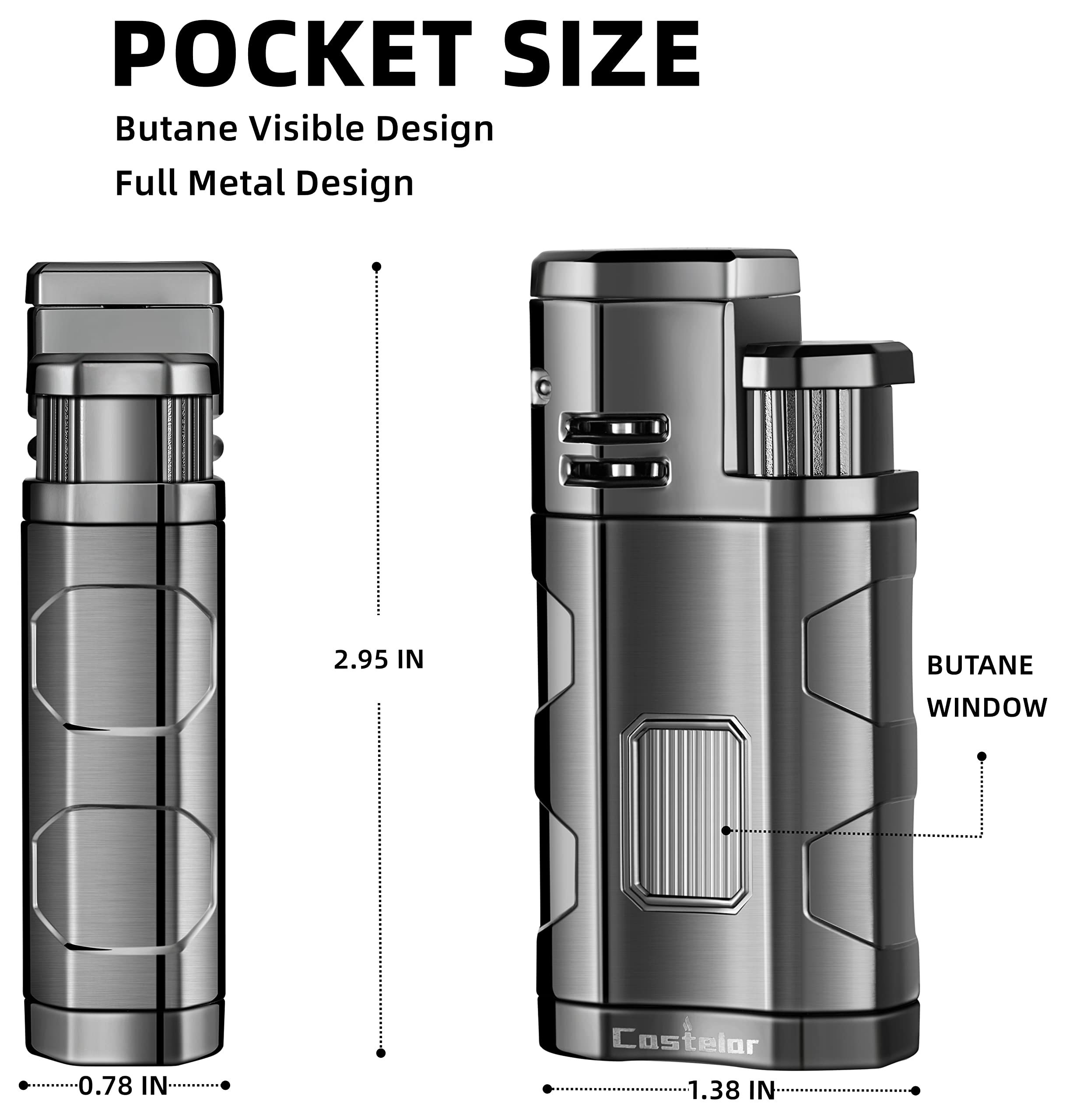 Castelar Cigar Torch Lighter Triple Jet Flame Butane Refillable with Cigar Punch Rest Holder - Butane Not Included