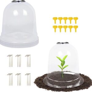 Baoz 6 Pack Garden Cloche Plant Bell Cover Humidity Dome Plant Protector Cover Plastic Mini Greenhouse with 18Pcs Metal Stakes and 10Pcs Labels for Seed Starter(10.24" H x 8.26" D)