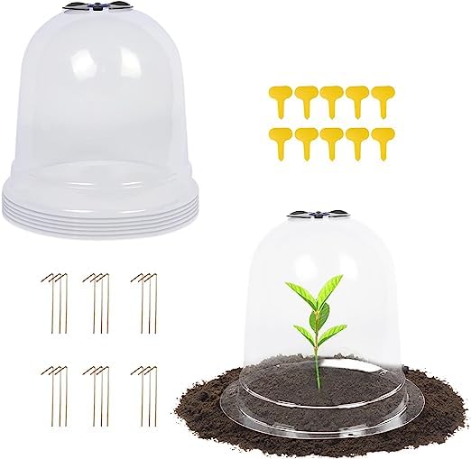 Baoz 6 Pack Garden Cloche Plant Bell Cover Humidity Dome Plant Protector Cover Plastic Mini Greenhouse with 18Pcs Metal Stakes and 10Pcs Labels for Seed Starter(10.24" H x 8.26" D)