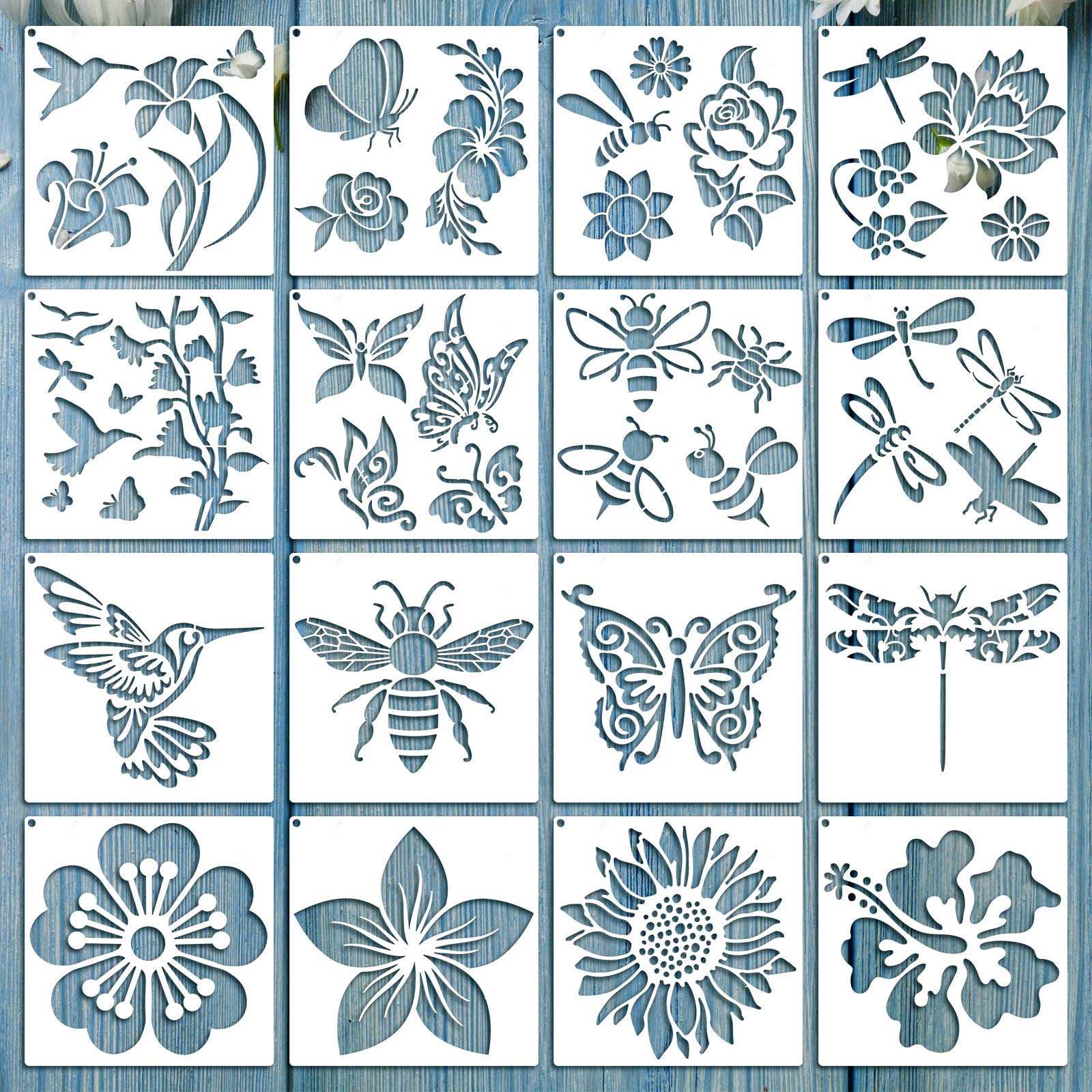 16 Pieces Flower Stencil for Painting Bee Sunflower Butterfly Spring Stencil Large Template Reusable Summer Painting Stencil and Metal Open Ring for DIY Craft on Wood Wall Home Decor(5.1 x 5.1 Inch)