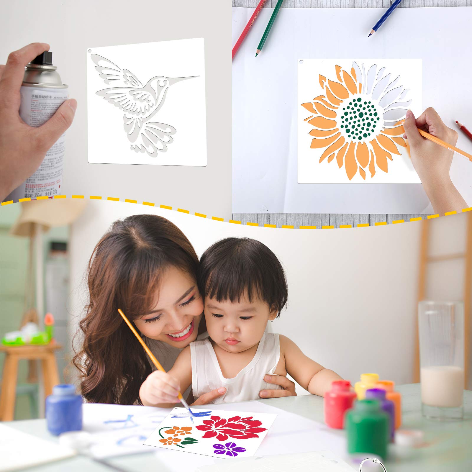 16 Pieces Flower Stencil for Painting Bee Sunflower Butterfly Spring Stencil Large Template Reusable Summer Painting Stencil and Metal Open Ring for DIY Craft on Wood Wall Home Decor(5.1 x 5.1 Inch)