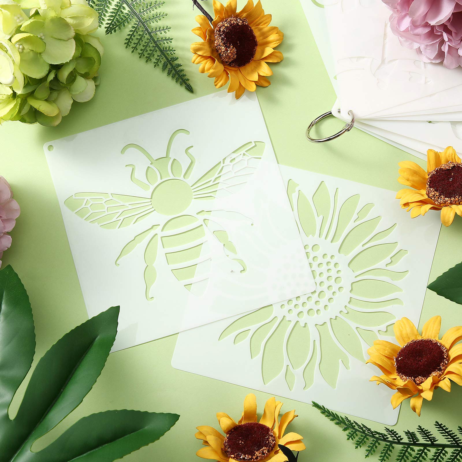 16 Pieces Flower Stencil for Painting Bee Sunflower Butterfly Spring Stencil Large Template Reusable Summer Painting Stencil and Metal Open Ring for DIY Craft on Wood Wall Home Decor(5.1 x 5.1 Inch)