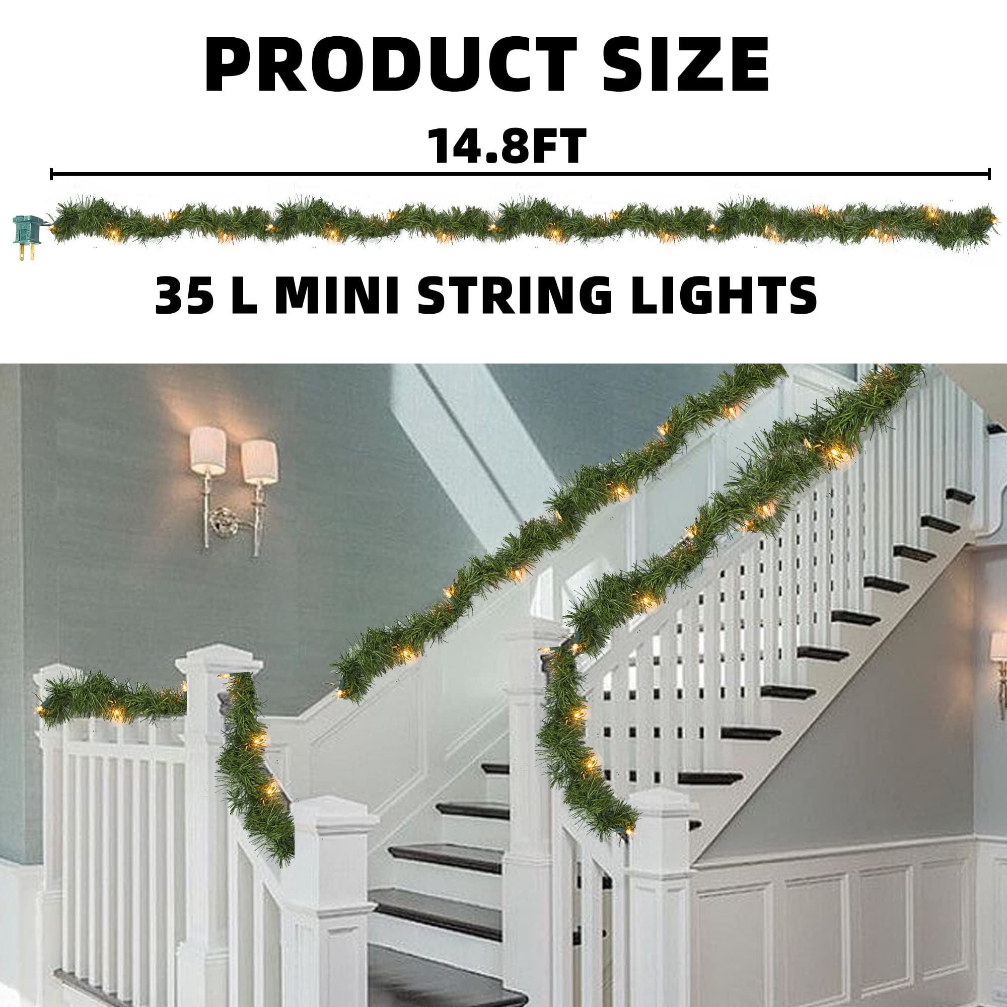 FUNPENY Christmas Decoration 15 FT Prelit Artificial Christmas Garland with 35L Mini String lights for Home Wedding Fireplace Party Christmas