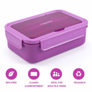 Caperci Classic Bento Lunch Box for Adult & Older Kids - Leakpoof 47 oz 3-Compartment Lunch Containers for Adults and Teens, Built-in Utensil Set, Ideal for On-the-Go, Purple