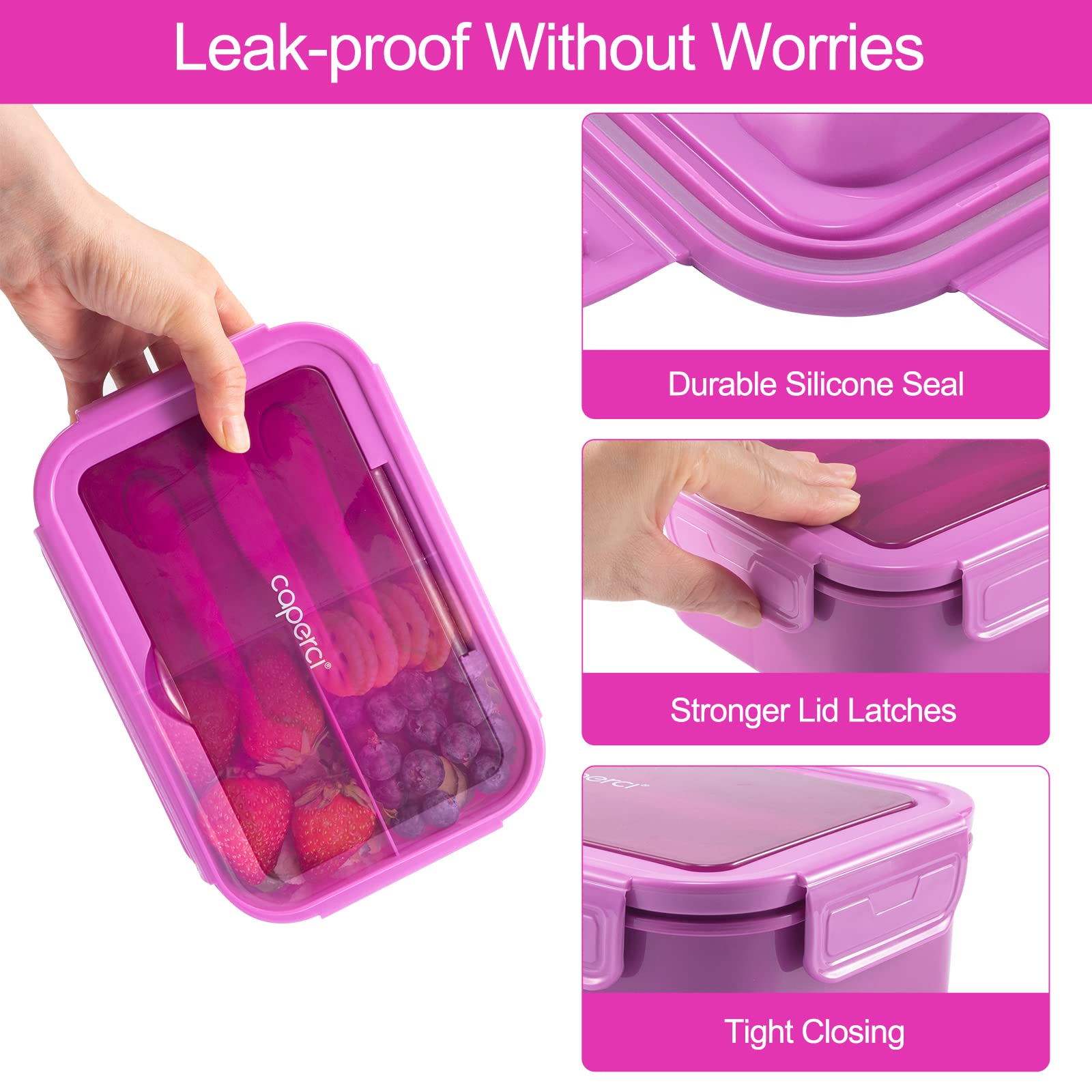 Caperci Classic Bento Lunch Box for Adult & Older Kids - Leakpoof 47 oz 3-Compartment Lunch Containers for Adults and Teens, Built-in Utensil Set, Ideal for On-the-Go, Purple