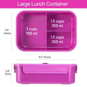 Caperci Classic Bento Lunch Box for Adult & Older Kids - Leakpoof 47 oz 3-Compartment Lunch Containers for Adults and Teens, Built-in Utensil Set, Ideal for On-the-Go, Purple